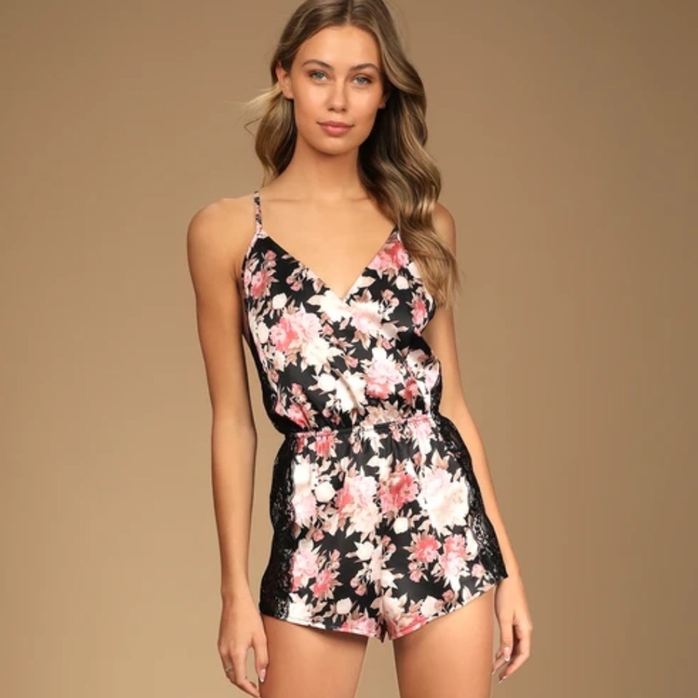 Lulus - Mood for Romance Black Floral Print Satin Lace Lingerie Romper - Small